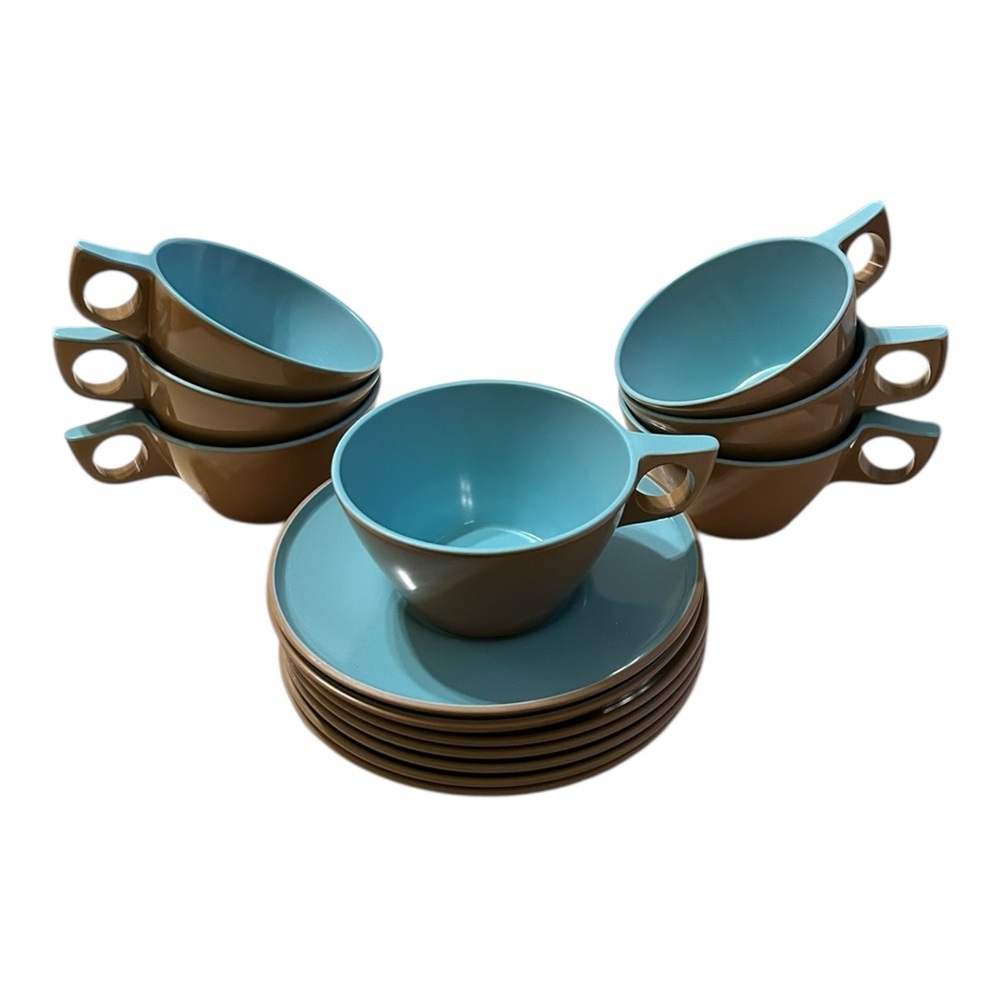 Lot Of 14 Vtg MCM Turquoise Brown Texas-Ware Melamine Melmac Dishes Cups Saucers